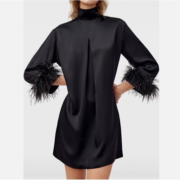NWT! SLEEPER Black Satin Ostrich Feather Party Dress - Picture 1 of 4